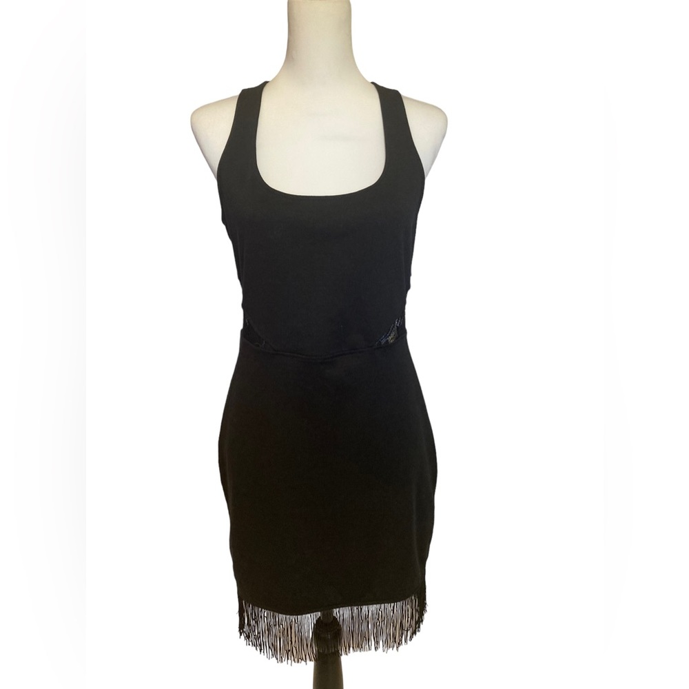Camilla Clothing black fringe and mesh mini dress w/laced panels under bust line